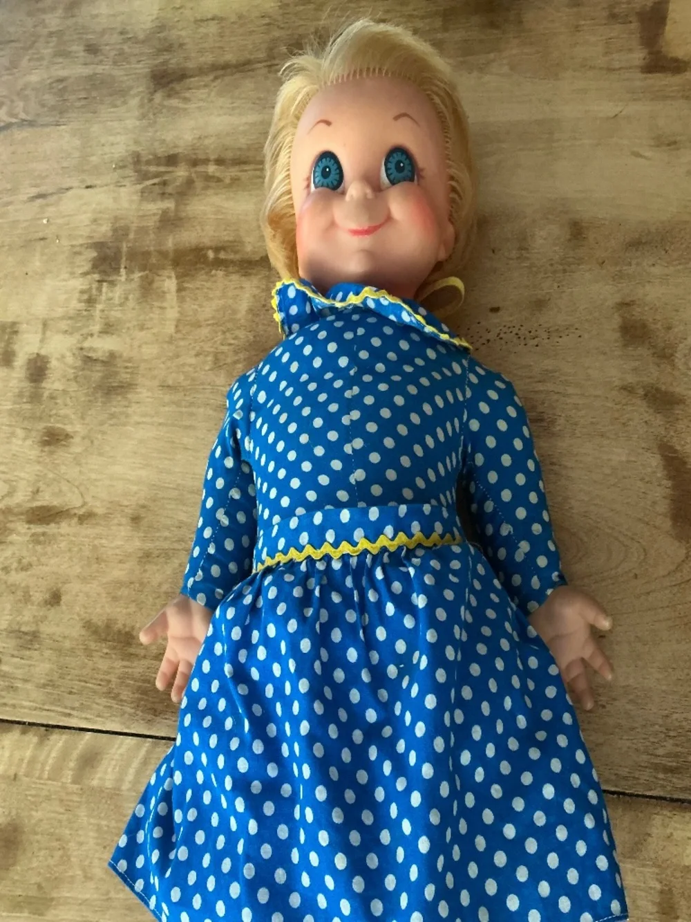🩵 Mrs. Beasley Vintage Doll – Blue Polka Dot Dress
